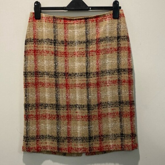 TALBOTS PLAID SKIRT WOOL BOUCLE TAN/RED/BLACK Size 6 - Picture 2 of 13